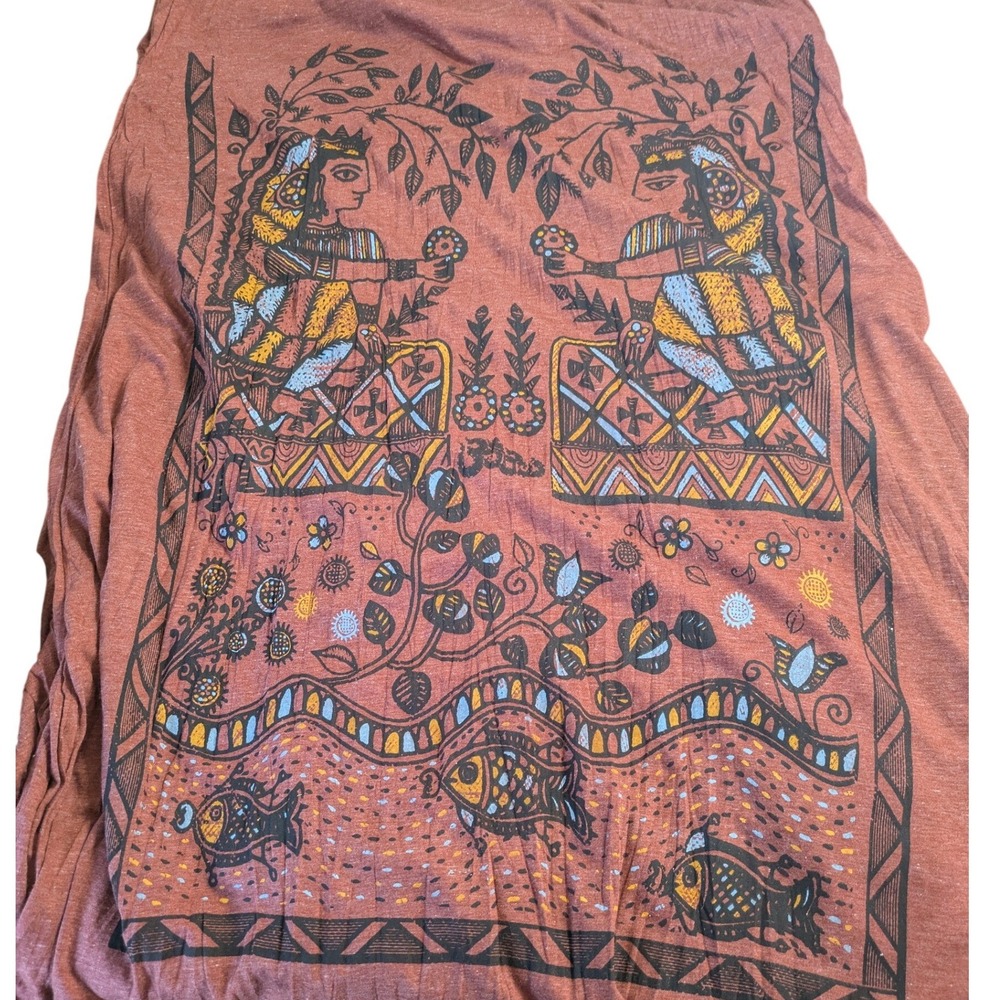 Babu's Earthy Rust Hooded Long Sleeve Maxi Tunic Dress Artisan Thai Print L
